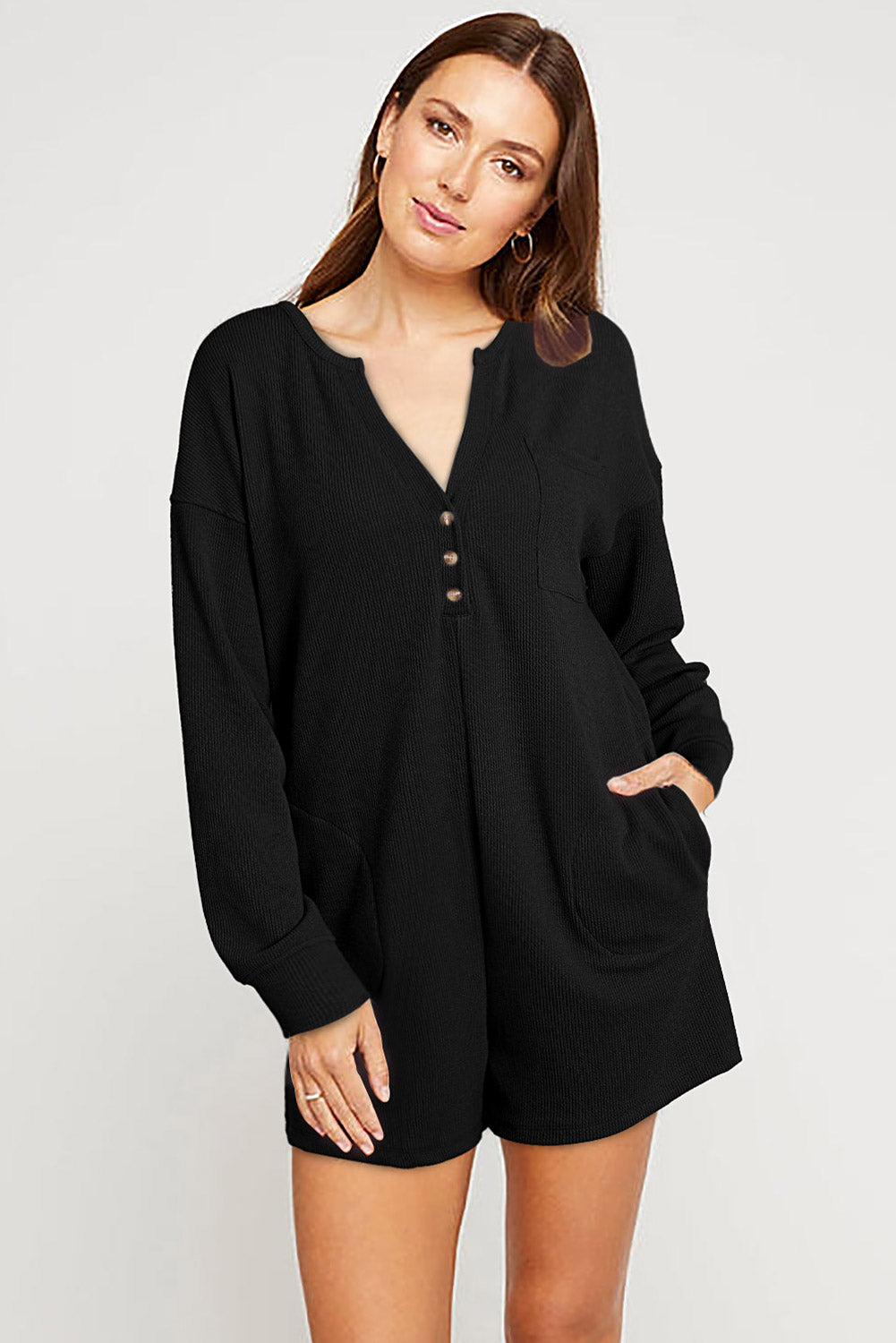 Brushed Ribbed Button Split V Neck Long Sleeve Romper | Black