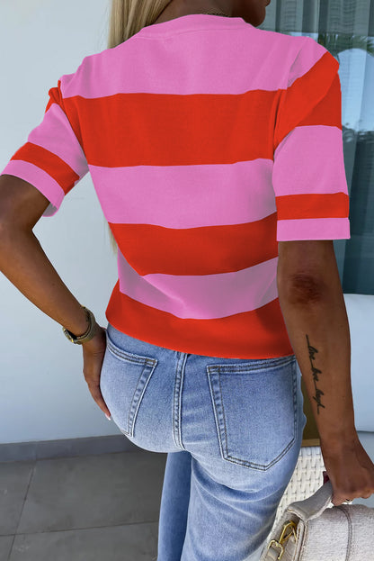 Colourblock Striped Knitted T Shirt | Bright Pink