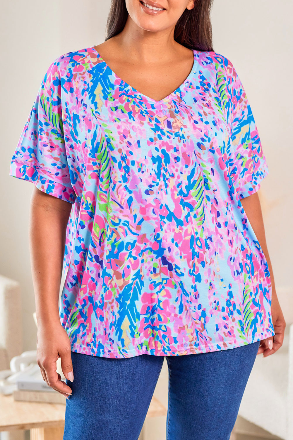 Plus Size Plant Print V Neck T-Shirt | Sky Blue