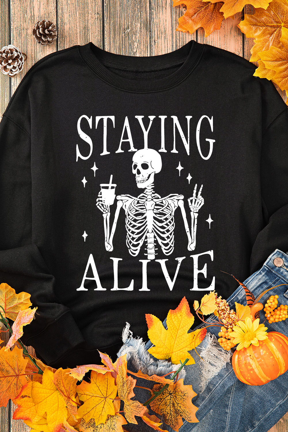 Staying Alive Skull Graphic Crewneck Halloween Sweatshirt | Black