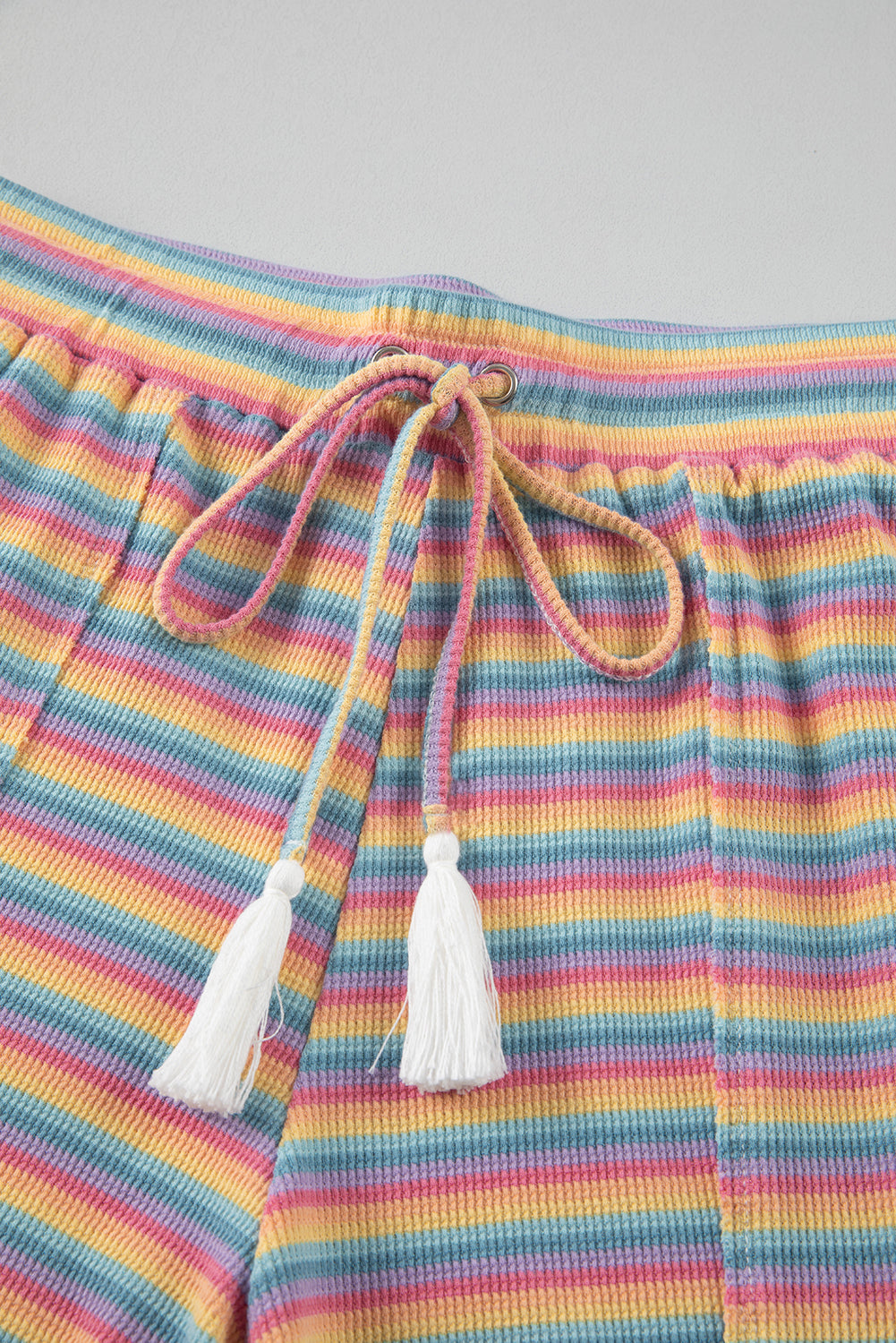 Crew Neck Tee And Tasseled Drawstring Shorts Set | Pink Stripe