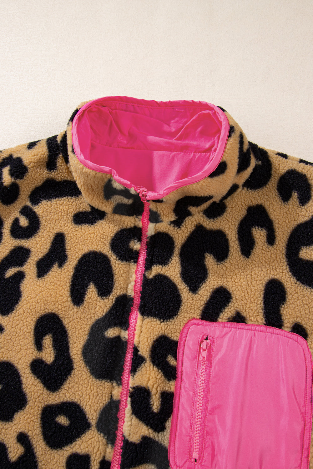 Plus Size Colour Block Chest Pocket Sherpa Jacket | Leopard