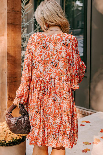 Floral Print Split V Neck Bubble Sleeve Plus Size Midi Dress | Orange