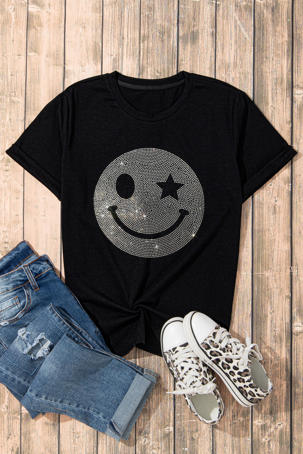 Sparkle Rhinestone Smile Face Graphic T Shirt | Black