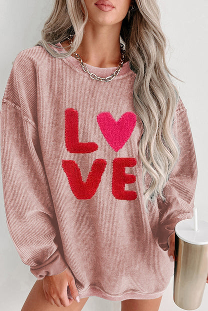 Pink Valentines LOVE Chenille Embroidered Corded Sweatshirt