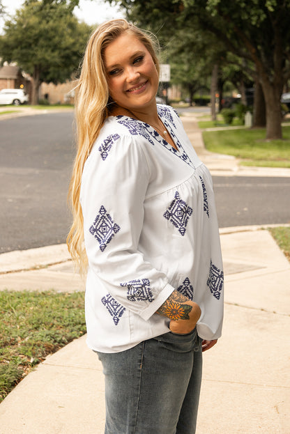 Boho Geometric Print V Neck Bracelet Sleeve Plus Size Blouse | White