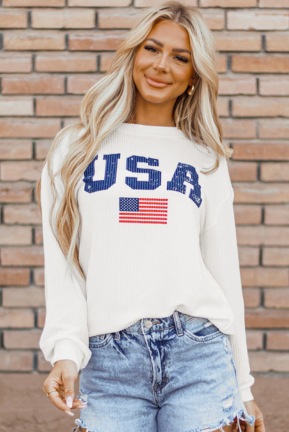 Usa Flag Corded Graphic Sweatshirt | White