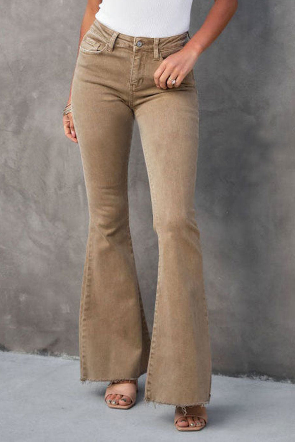 Raw Hem High Waist Flare Jeans | Khaki