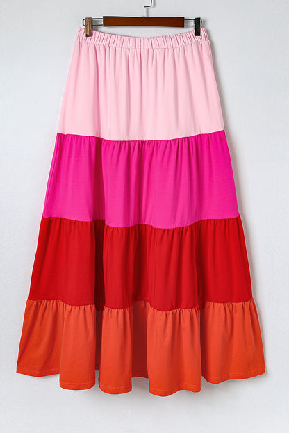 Colour Block Tiered Drawstring High Waist Maxi Skirt | Pink