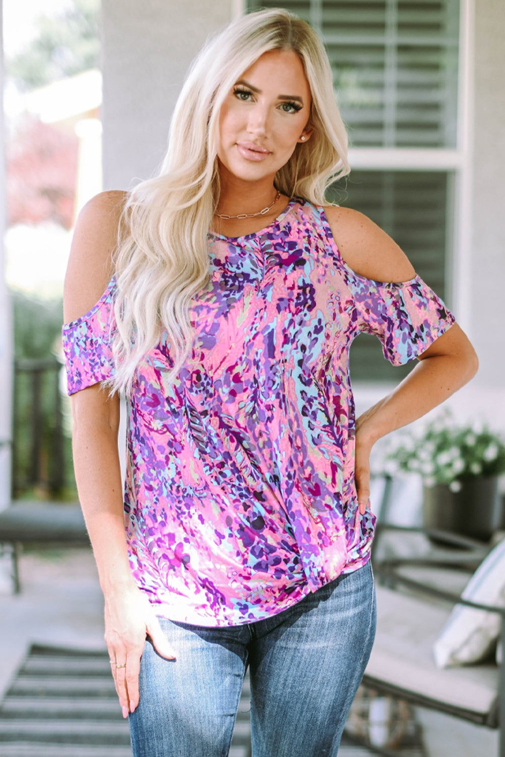 Lavender Floral Print Cold Shoulder Blouse | Multicolour