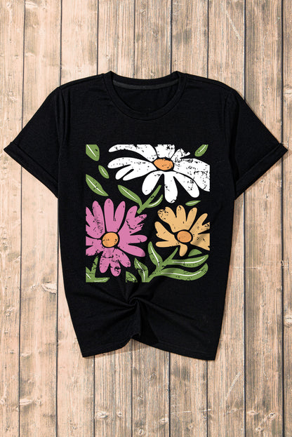 Retro Floral Print Crew Neck Casual T Shirt | Black