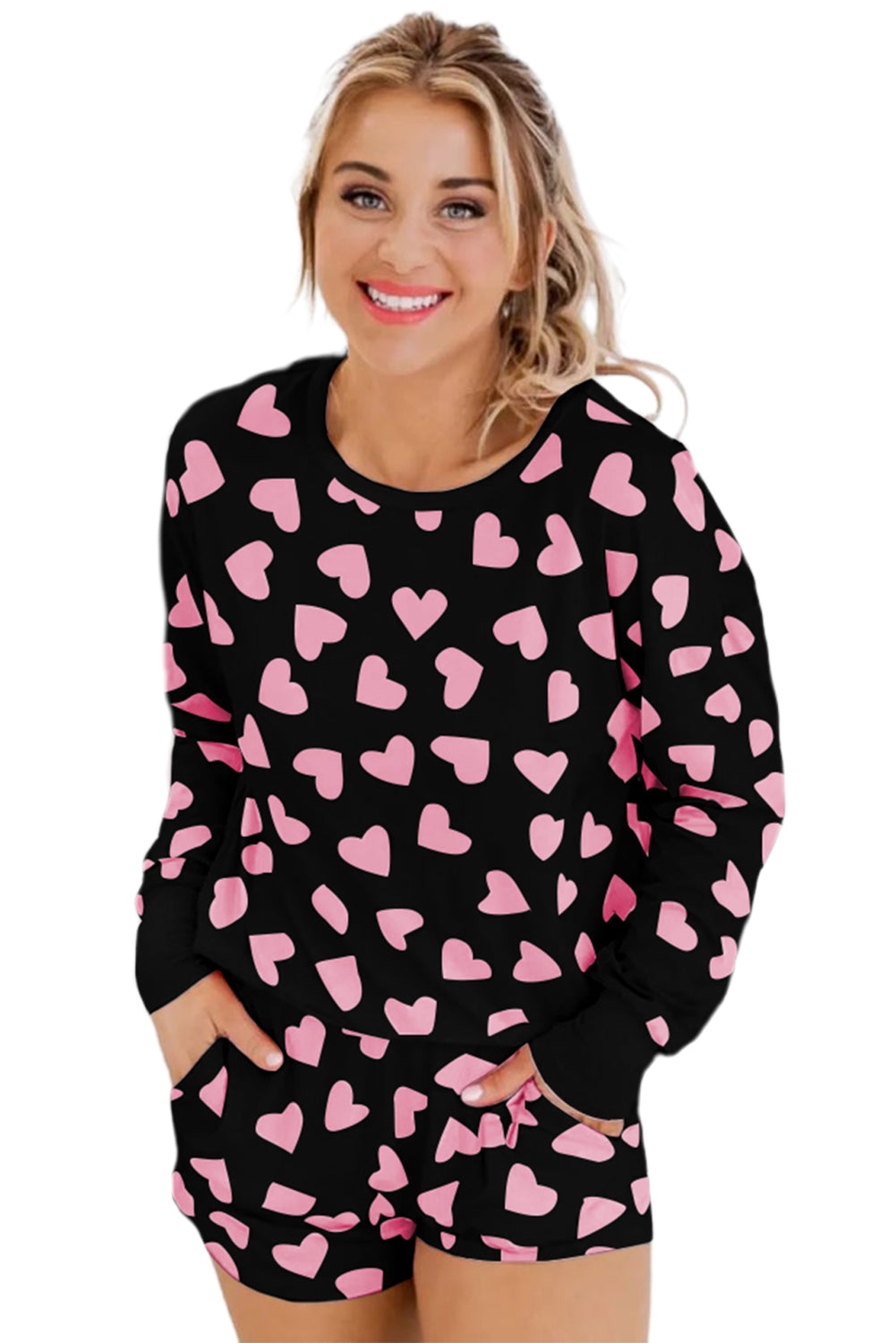 Valentine Heart Shape Print Long Sleeve Top Shorts Lounge Set | Black