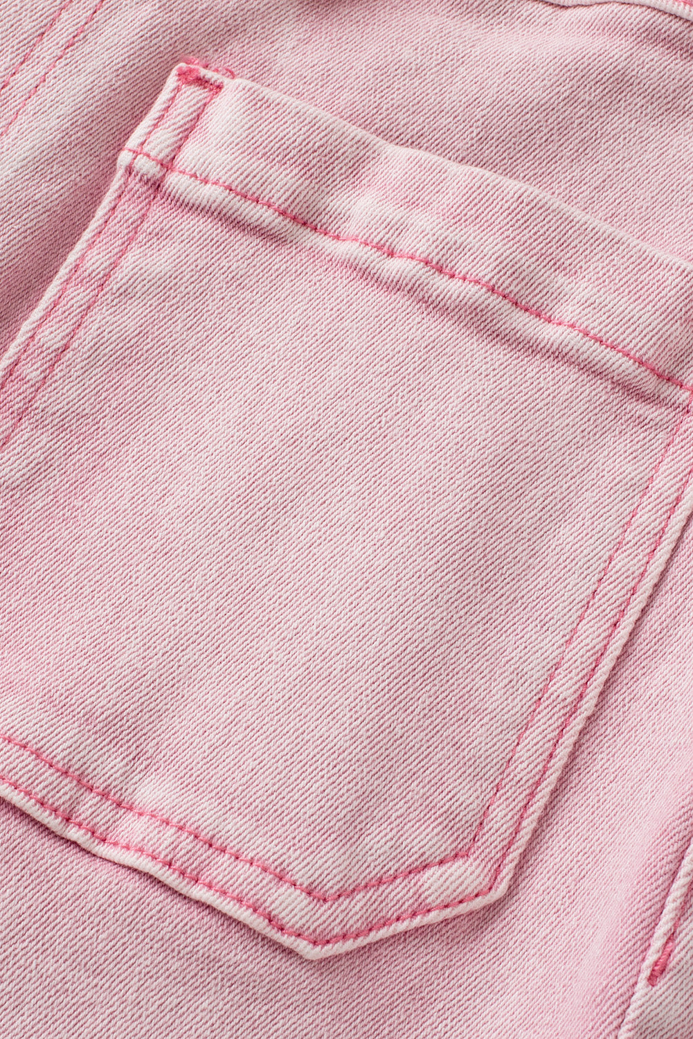 Multi Buttons Raw Edge Crop Jeans | Apricot Pink