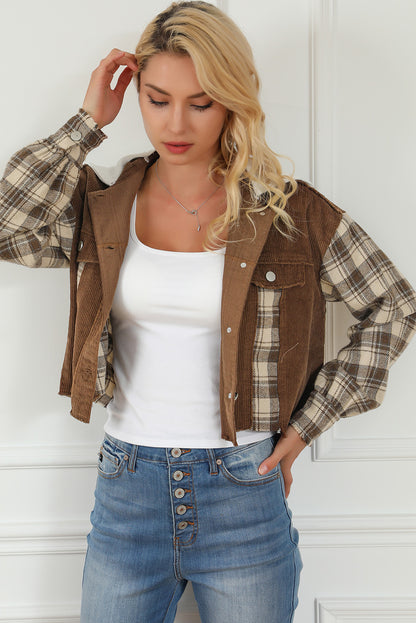 Plaid Patchwork Distressed Hooded Cropped Jacket | Brown