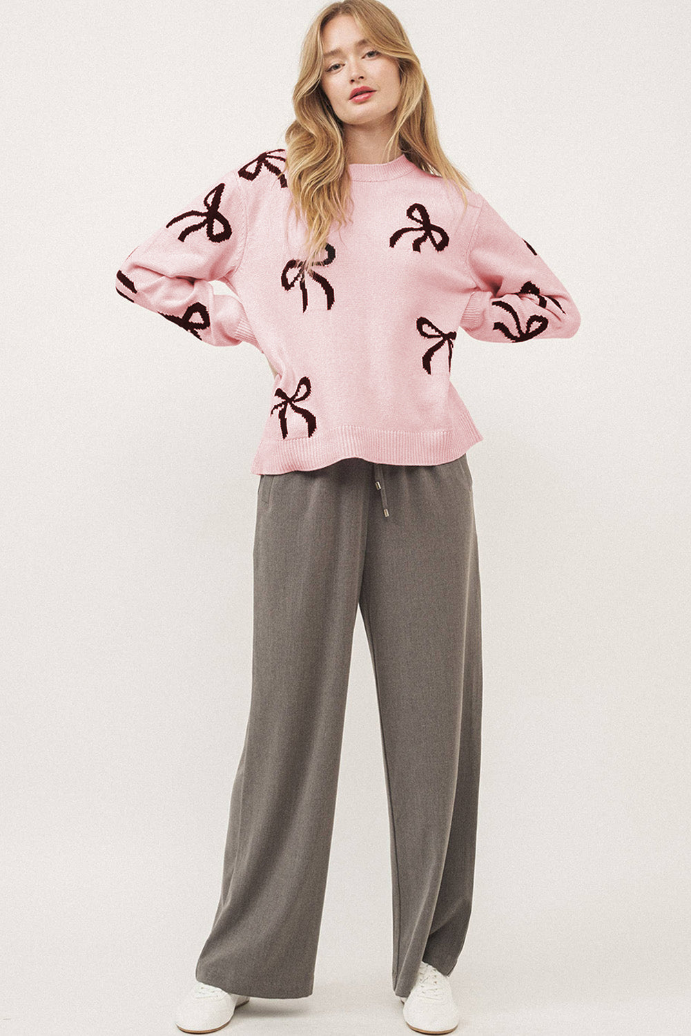 Bow Pattern Knitted Loose Fit Sweater | Light Pink