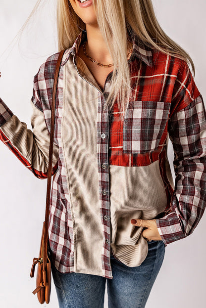 Plaid Corduroy Patchwork Shacket | Red