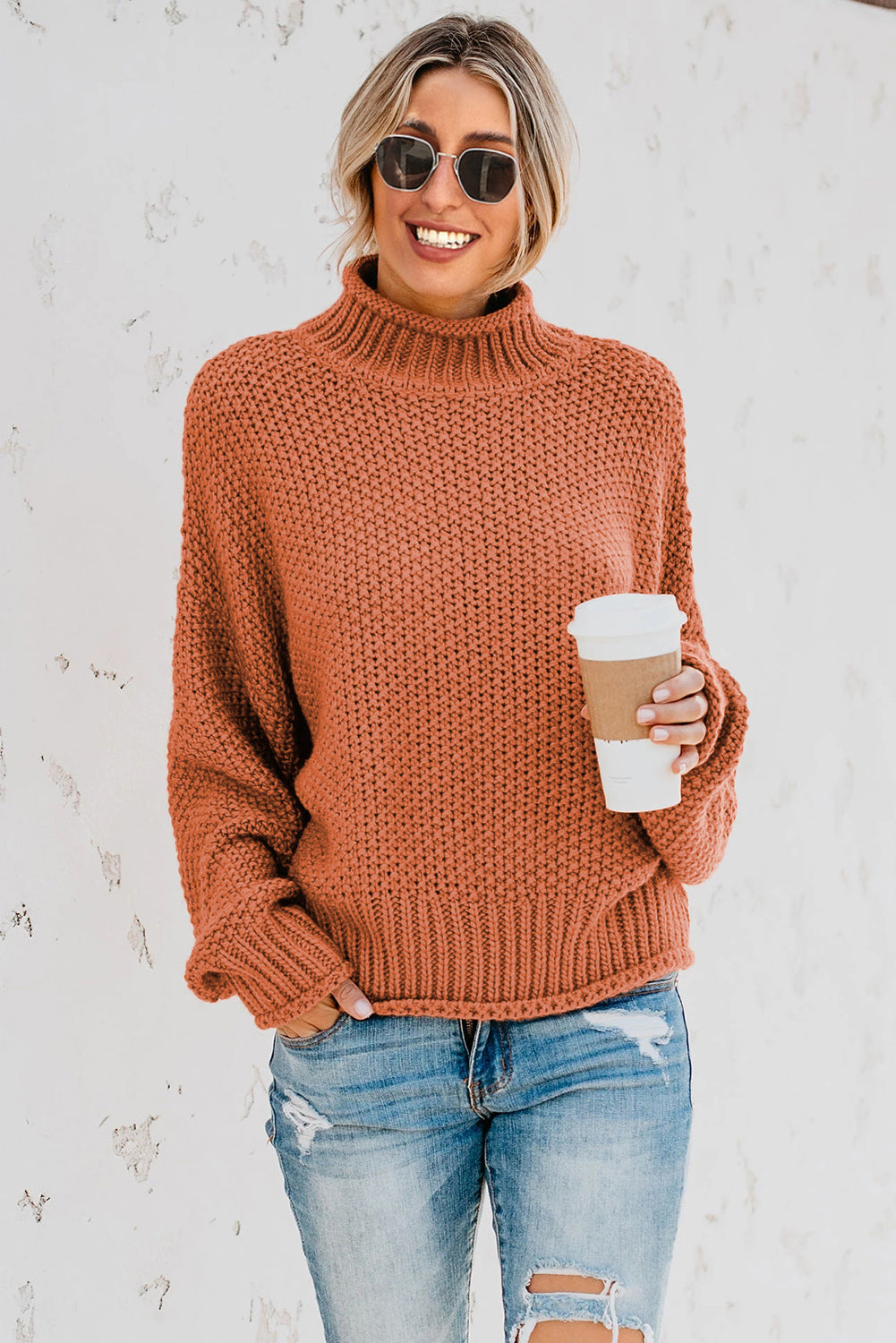 Oversized Chunky Batwing Long Sleeve Turtleneck Sweater | Orange