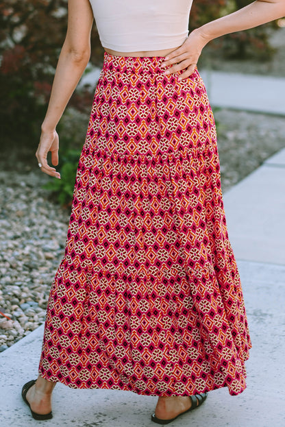 Vintage Boho Floral Print Tiered Maxi Skirt | Rose