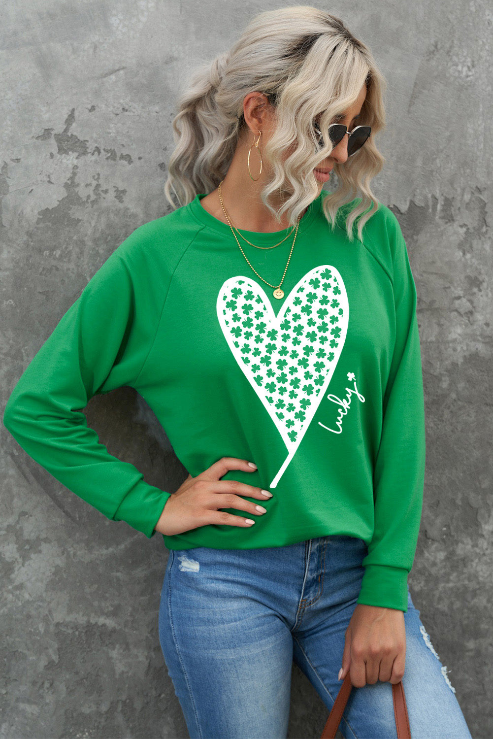 Lucky Clover Heart Graphic Raglan Sleeve Sweatshirt | Green