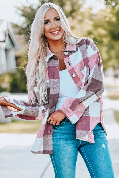 Plaid Colour Block Buttoned Long Sleeve Jacket With Pocket | Red