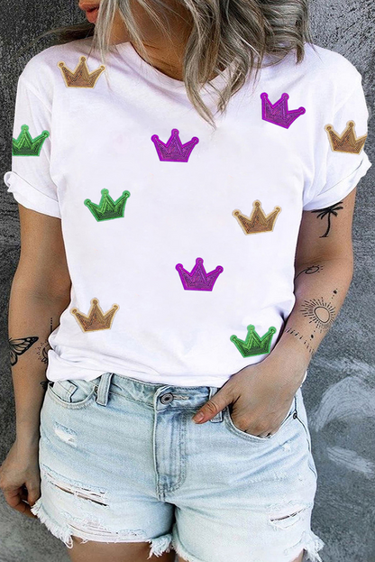 White Mardi Gras Crown Patch Graphic Plus Size Tee