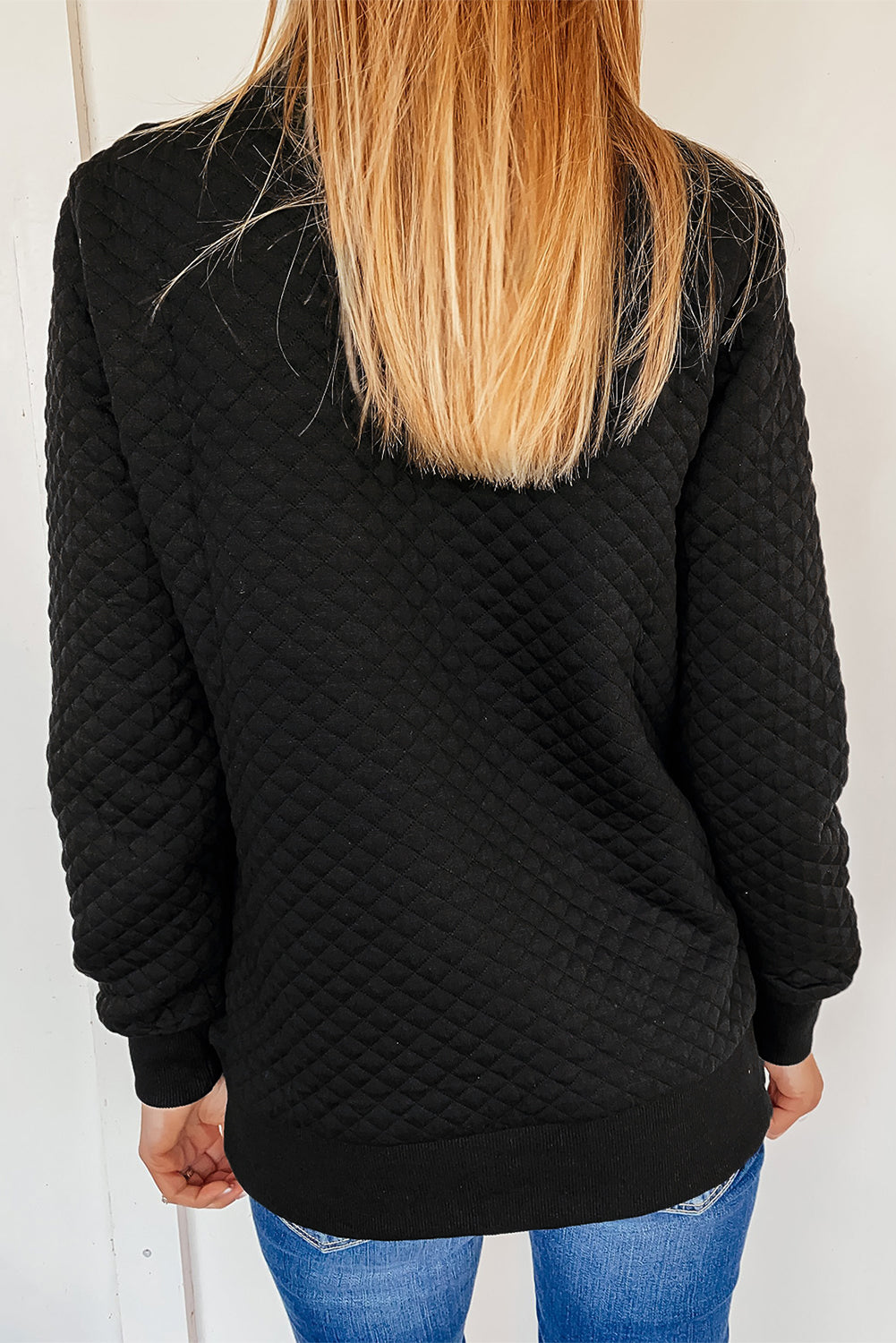 Quilted Snaps Stand Neck Sweatshirt With Fake Front Pocket | Black