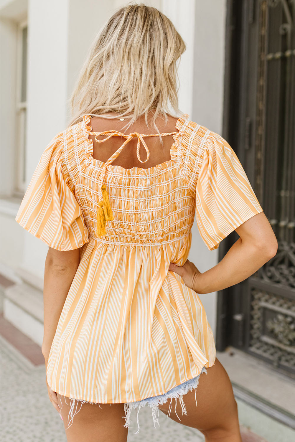 Striped Print Smocked Flowy Blouse | Yellow