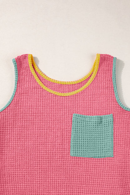 Colour Block Patched Pocket Breathable Knit Tank Top | Strawberry Pink