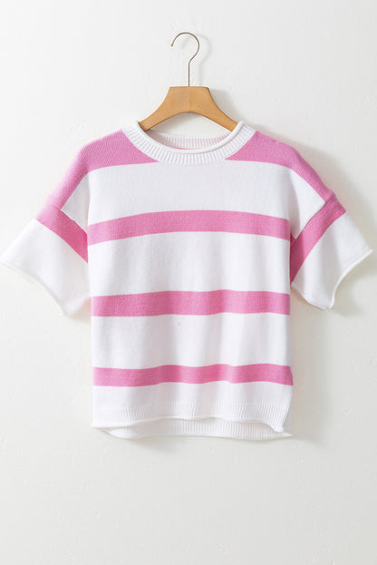 Dropped Short Sleeve Lightweight Knitted Top | Pink Stripe