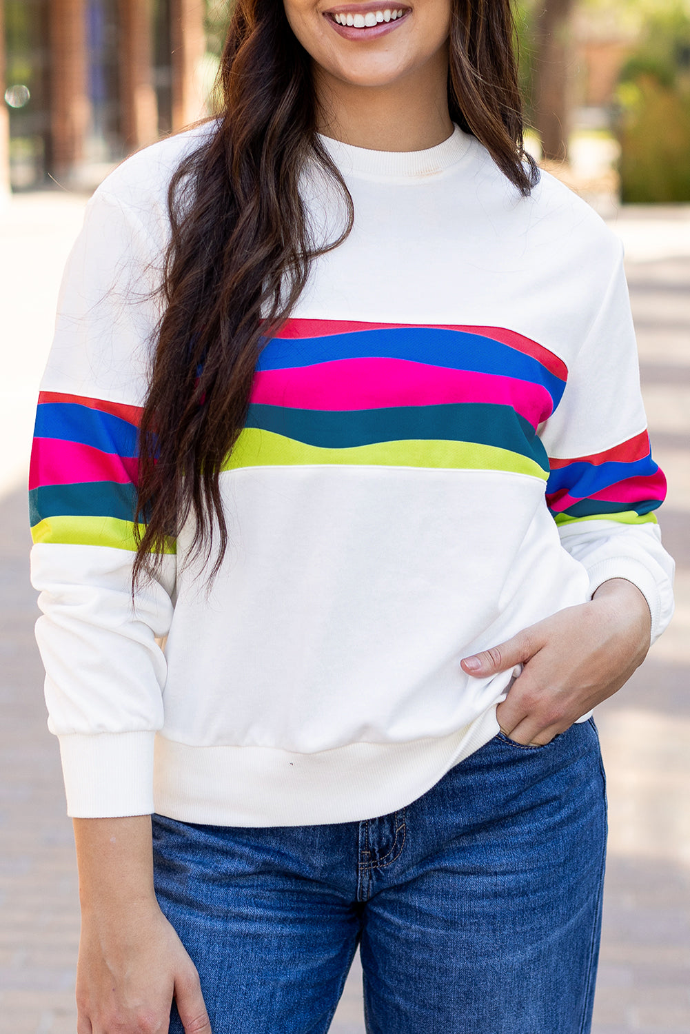 Colourful Striped Accent Long Sleeve T Shirt | White