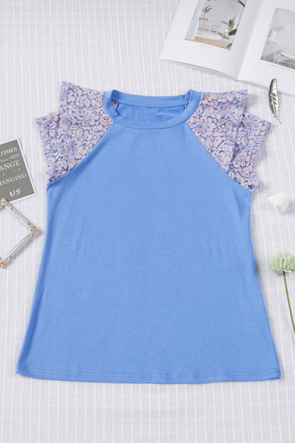 Tiered Lace Sleeve Knit Top | Sky Blue