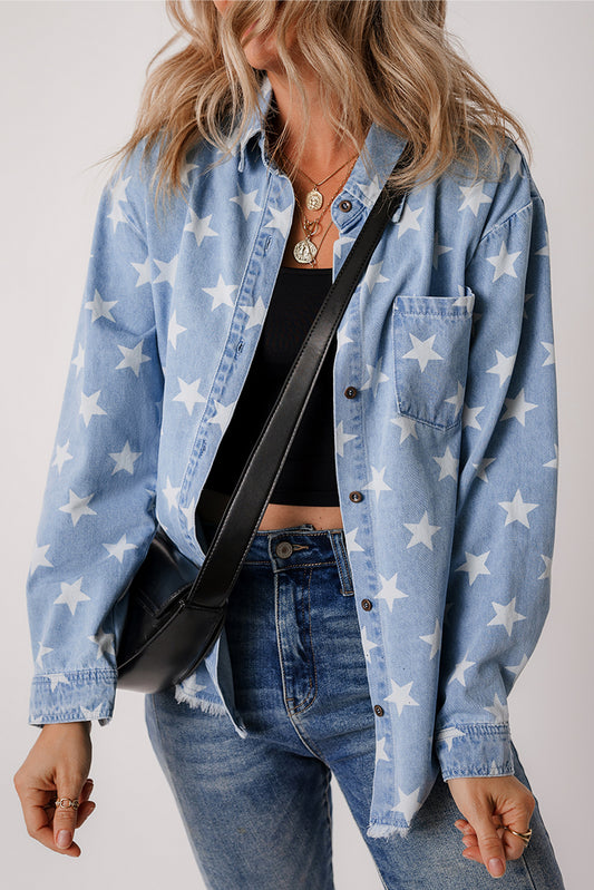 Sky Blue Star Print Light Wash Raw Hem Denim Jacket