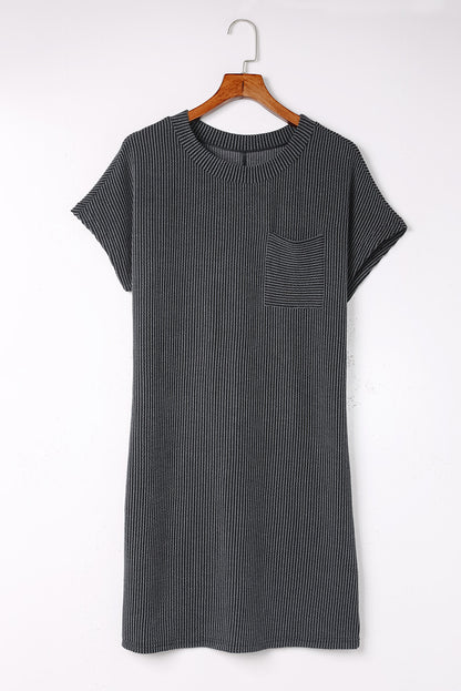 Striped Ribbed Knit T-Shirt Shift Dress | Gray