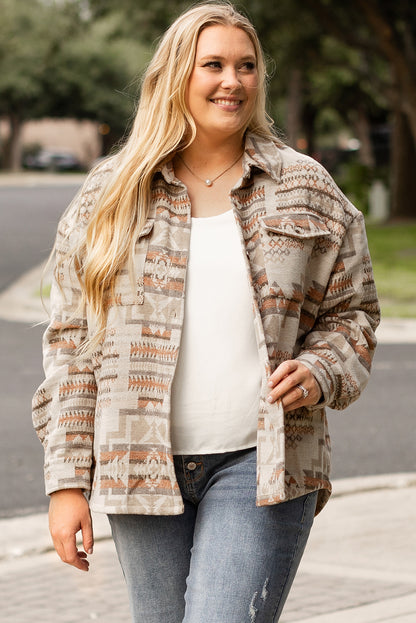 Aztec Geometric Print Pockets Plus Size Jacket | White