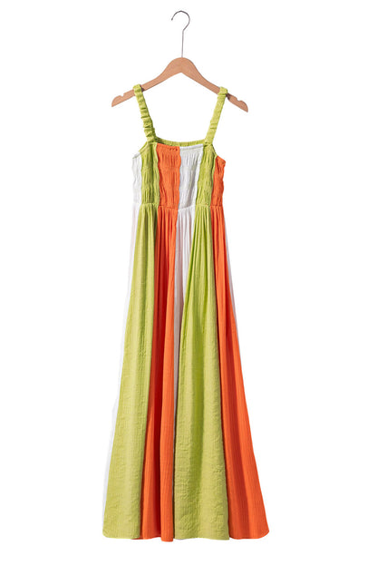 Colour Block Shirred High Waist Fit And Flare Maxi Dress | Green