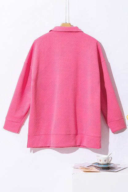 Textured Zipped Neckline Kangaroo Pocket Sweatshirt | Bright Pink