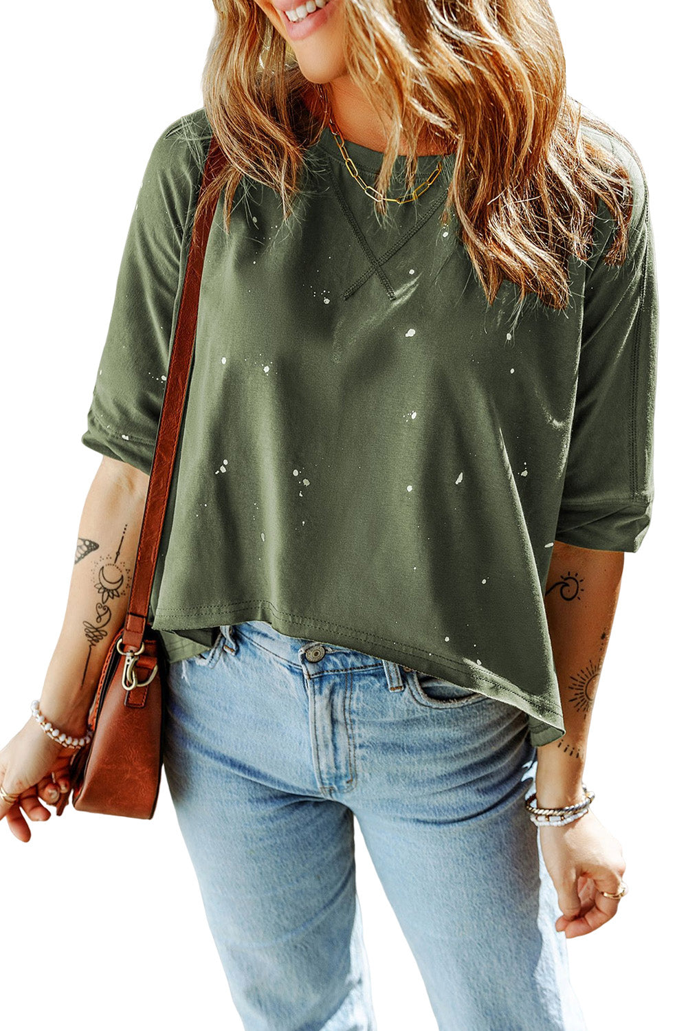 Distressed Bleached Asymmetric Hem Short Sleeve Top | Green