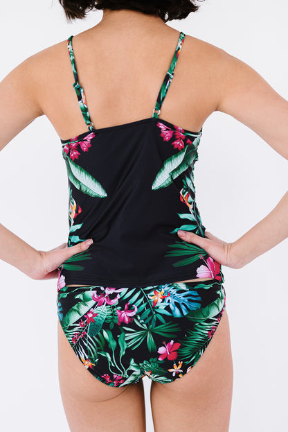 Leaf & Flower Print Ruched Tankini Set | Black