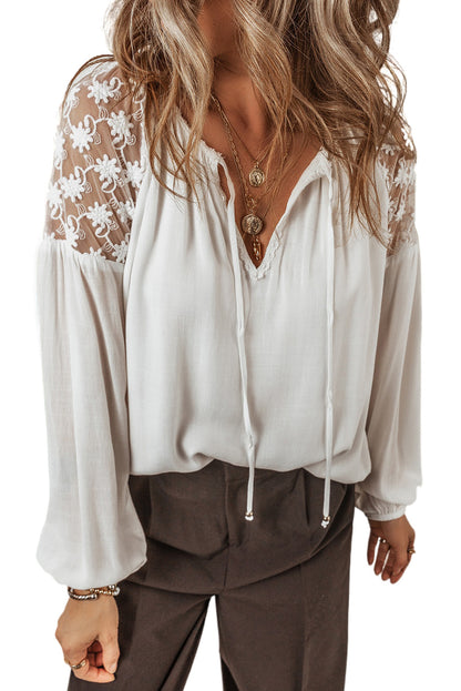 Floral Lace Patchwork Puff Sleeve Tied V Neck Blouse | White