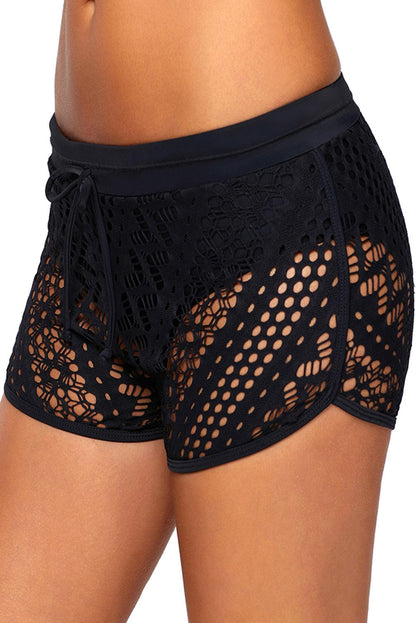 Hollow Out Lace Overlay Swim Short Bottom | Black