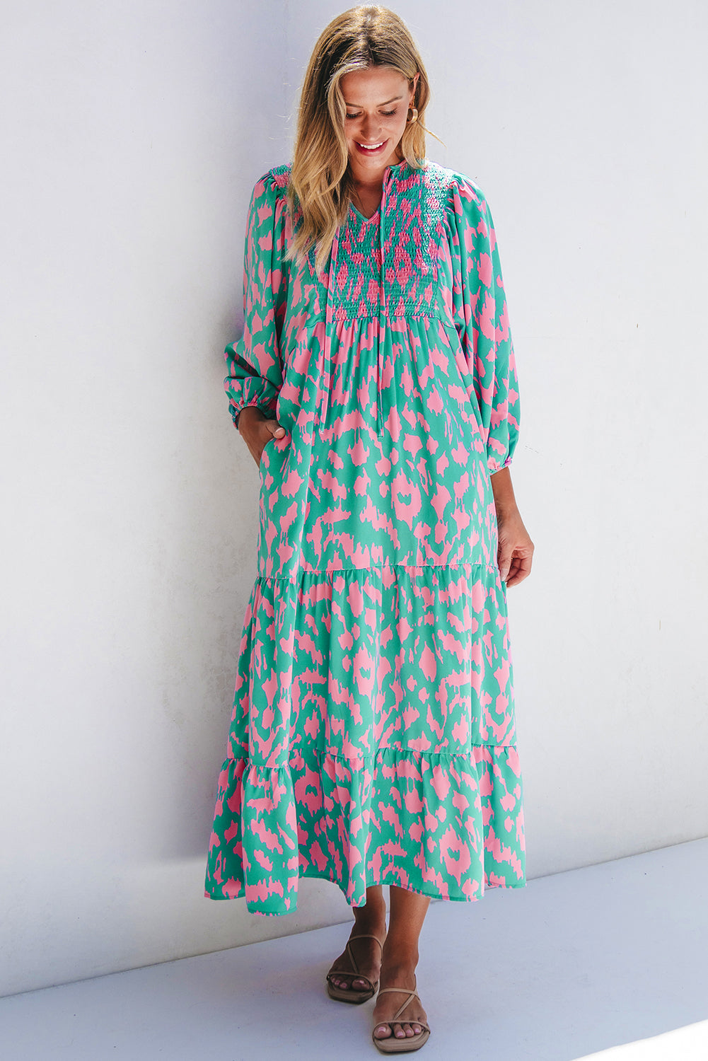 Abstract Print Puff Sleeve Tied Notched Neck Long Dress | Green