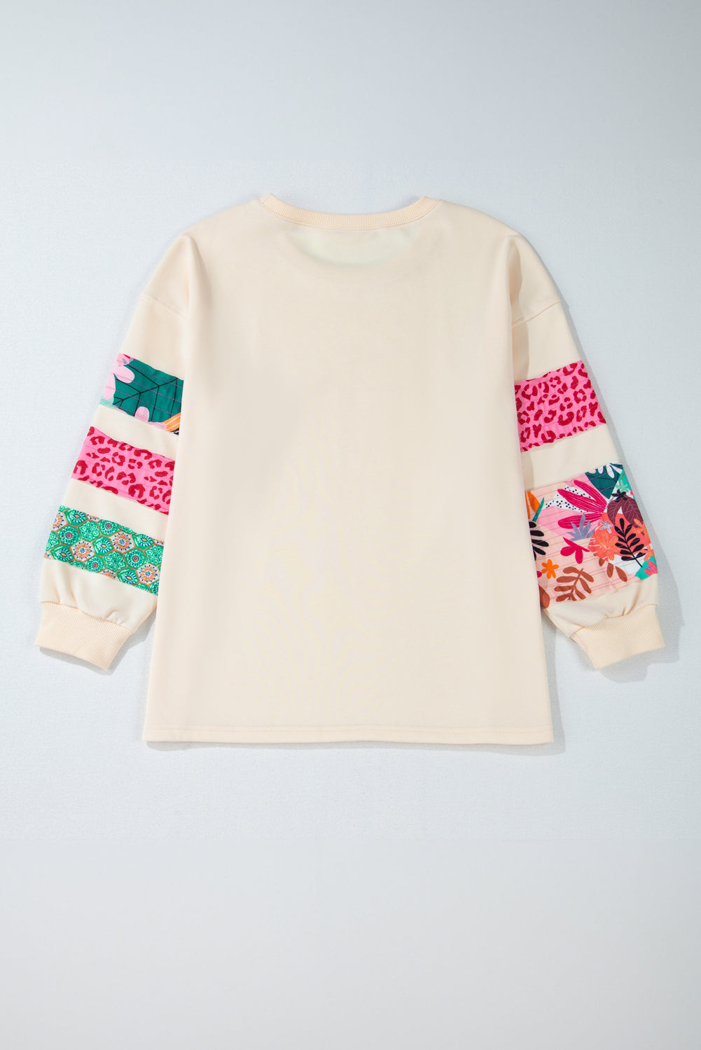 Plus Size Printed Patchwork Sleeve Split Sweatshirt | Beige