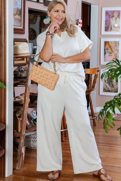 Plus Size Textured Collared Top And Pants Set | Beige