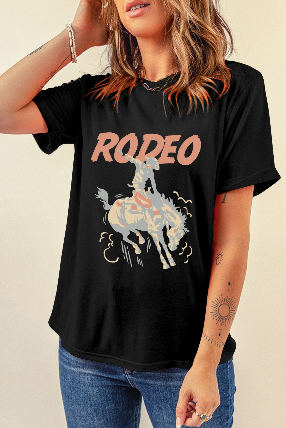 Rodeo Cowboy Graphic Crewneck T Shirt | Black