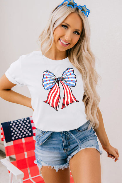 Stripes And Stars Bowknot Print T Shirt | White