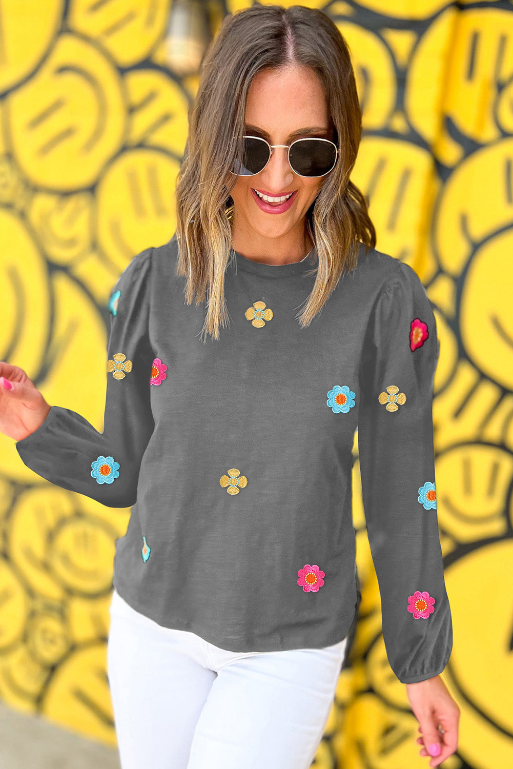 Floral Embroidered Puff Sleeve Blouse | Medium Grey