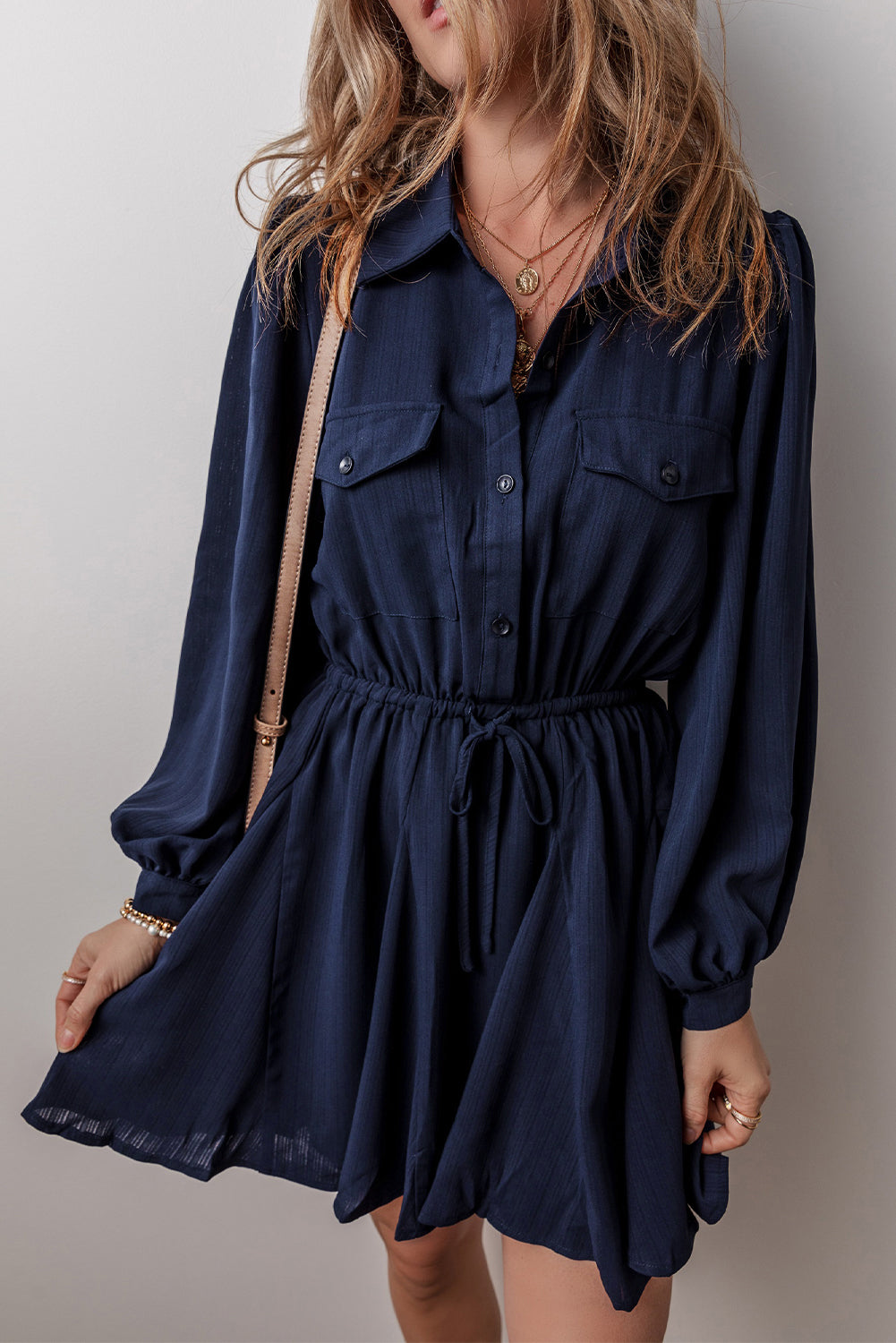 Solid Chest Pockets Tunic Shirt Mini Dress | Navy Blue