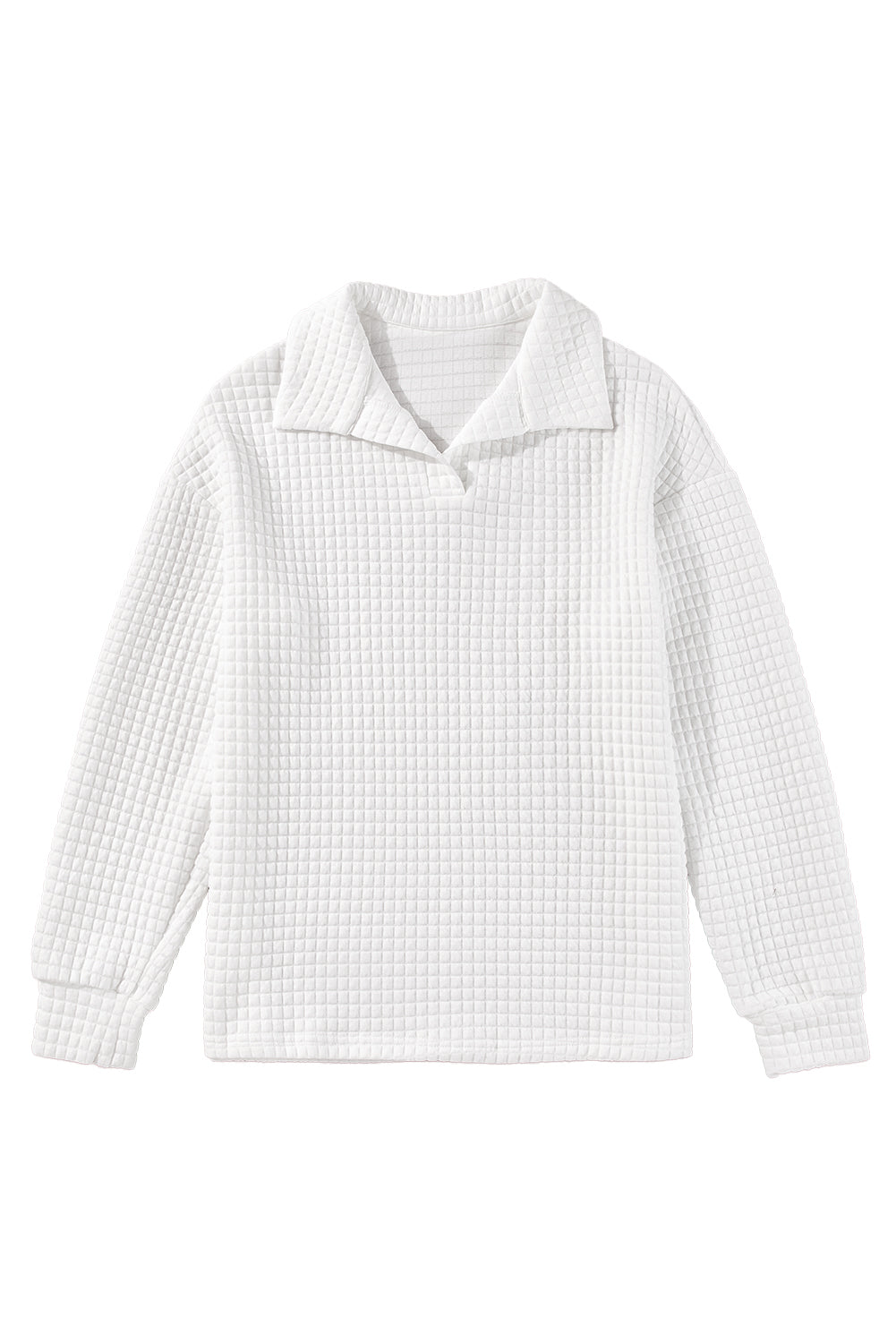 Quilted Texture Sporty Collared Long Sleeve Top | White