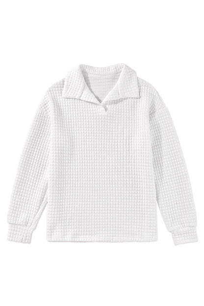 Quilted Texture Sporty Collared Long Sleeve Top | White