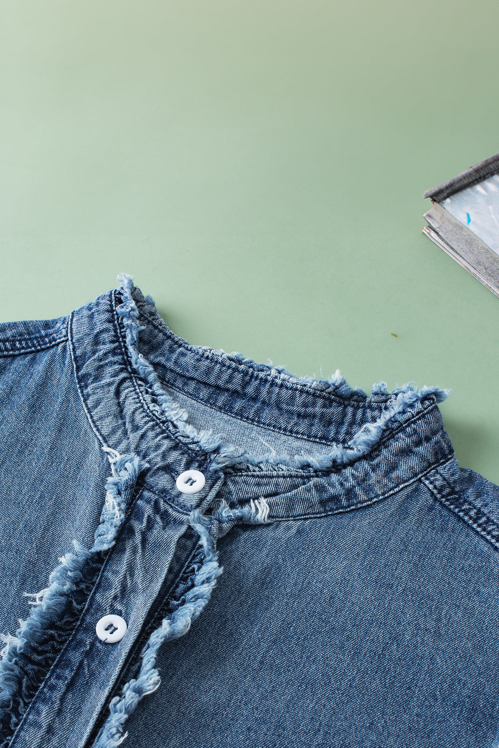 Button Front Ruffled Flutter Frayed Denim Top | Ashleigh Blue